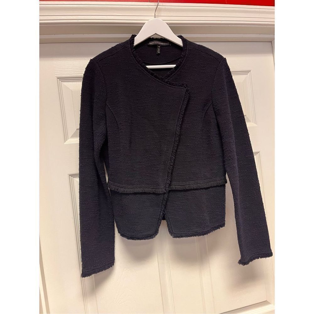 WHBM Boucle Black & Blue Knit Fringe Zipper Blazer sz M EUC